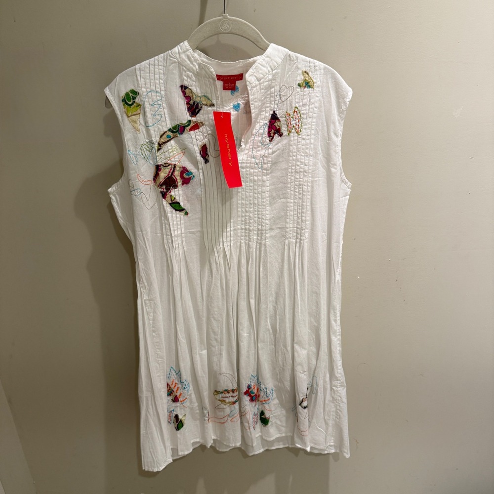 Mystery Womens White Cotton Embroidered Pintuck Sleeveless Tunic Top Size L NWT